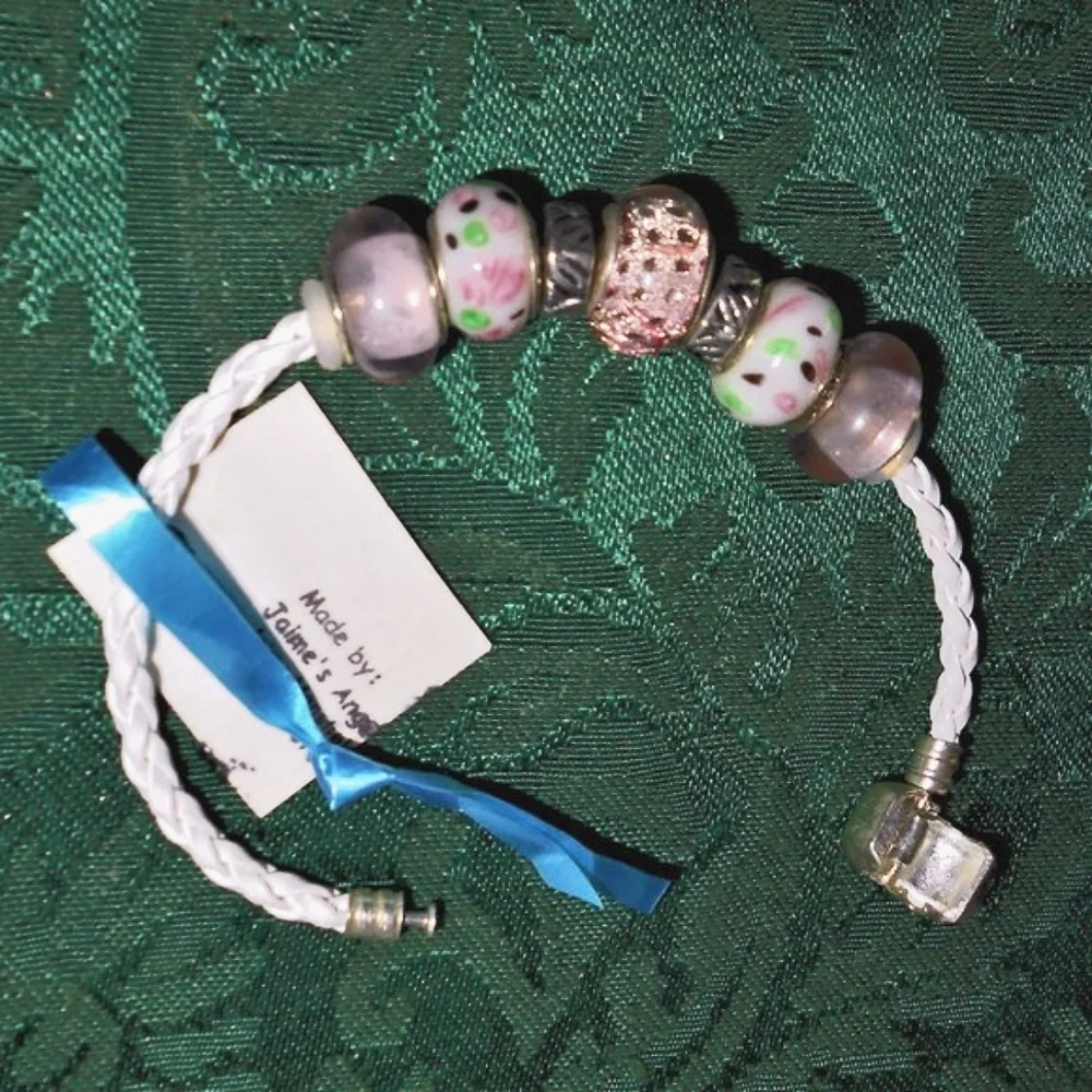 Pink, White & Mint Green Glass Big-hole Beads Braided Leatherette Bracelet - Picture 5 of 13